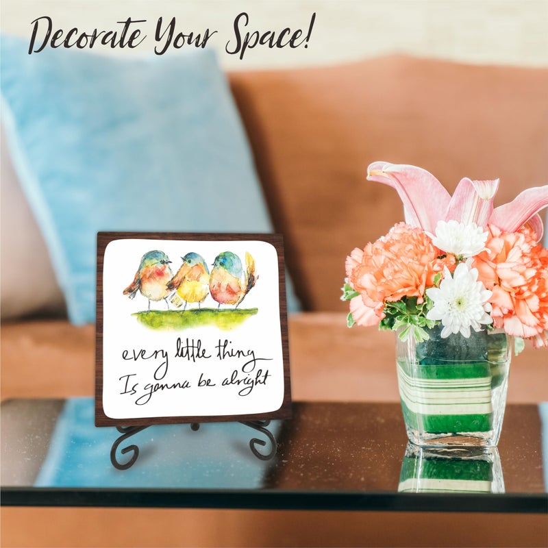 Tabyon 4"" Wooden Sign With A Metal Support - Every Little Thing Is Gonna Be Alright - Watercolor Adorable Birds  Positive Quotes Wooden Plaque Desk Decor  Uplifting Gifts  Home Decorations & Gifts - A20 - Image 3